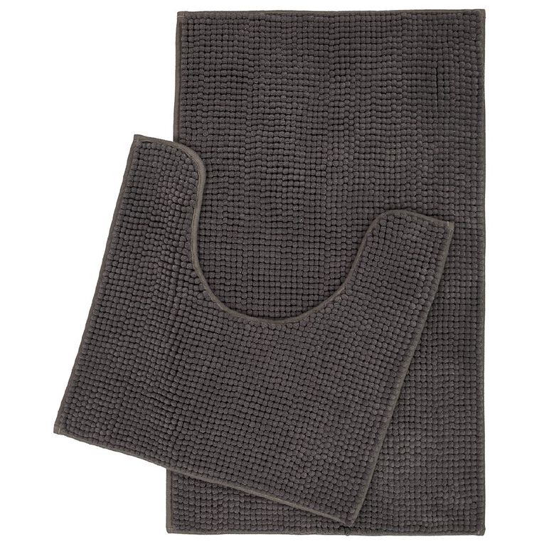 Living & Co Bath Mat Set Popcorn 2 Piece Charcoal 45cm x 75cm, Charcoal, hi-res