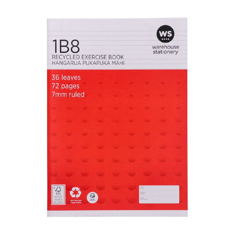 WS Exercise Book 1B8 7mm Ruled 36 Leaf Red Mid, , hi-res