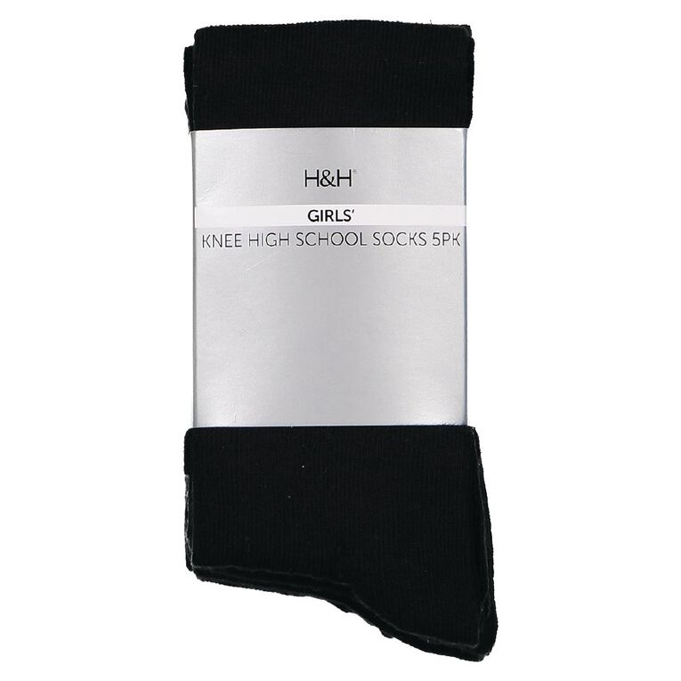 H&H Girls' School Knee High Socks 5 Pack, Black, hi-res