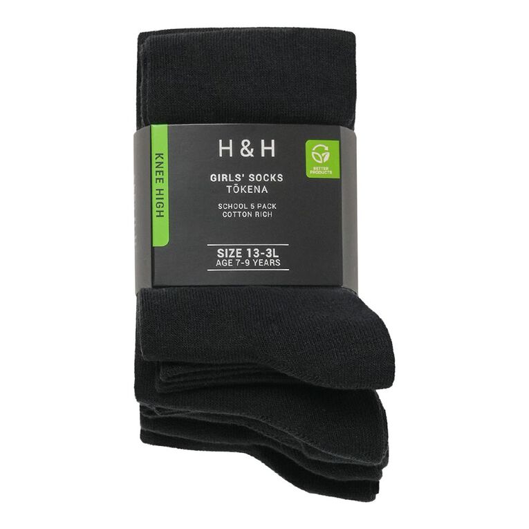 H&H Girls' School Knee High Socks 5 Pack, Black, hi-res