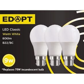 Edapt LED B22 Classic Light Bulb 9W Warm White 3 Pack