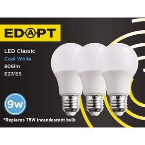 Edapt LED E27 Classic Light Bulb 9W Cool White 3 Pack