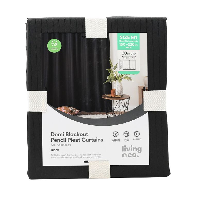 Living & Co Demi Blockout Curtain Black 150-230cm Wide/160cm Drop, Black, hi-res