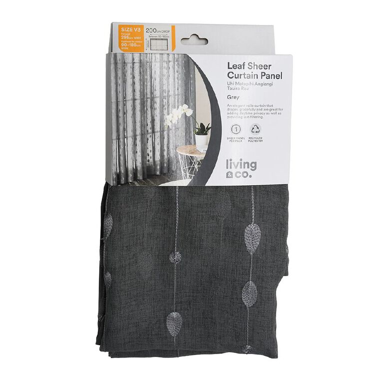 Living & Co Leaf Pencil Pleat Voile Grey 90-180cm Wide/240cm Drop, Grey, hi-res