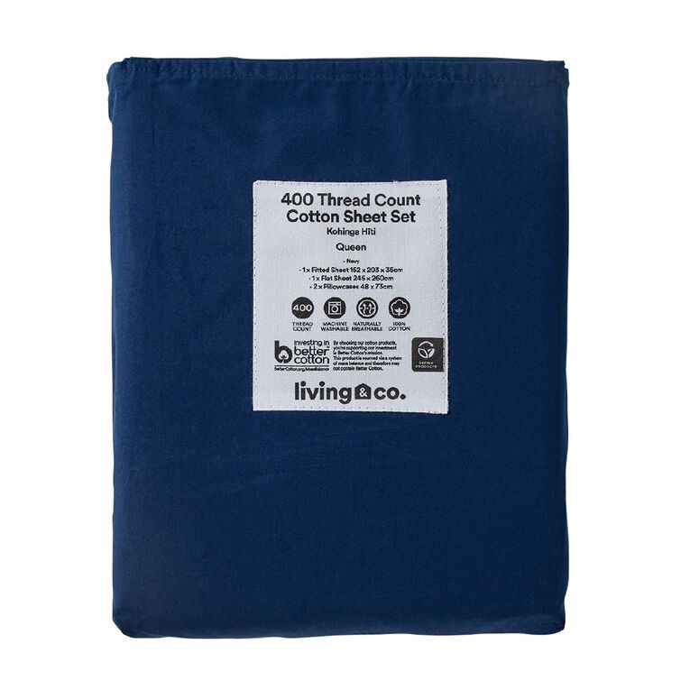 Living & Co Cotton 400 Thread Count Sheet Set Navy Queen, Navy, hi-res