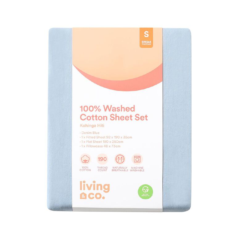 Living & Co 100% Washed Cotton Sheet Set Denim Double, Denim, hi-res