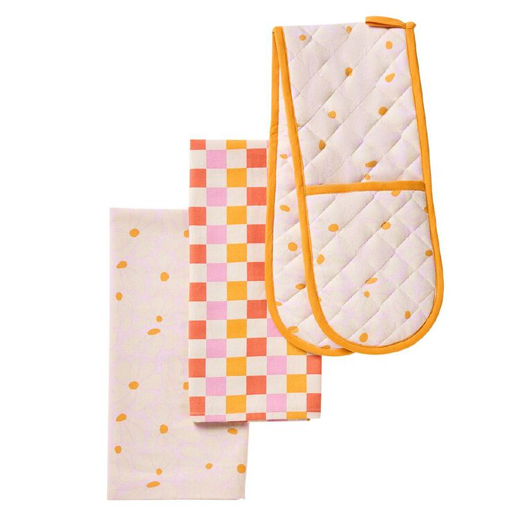 Living & Co Tea Towel & Oven Glove Set Flower 3 Pack, , hi-res