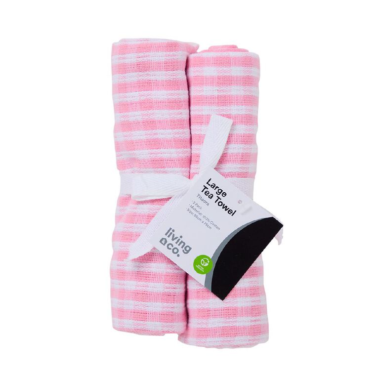 Living & Co Cotton Tea Towel Large Check Pink 2 Pack, , hi-res