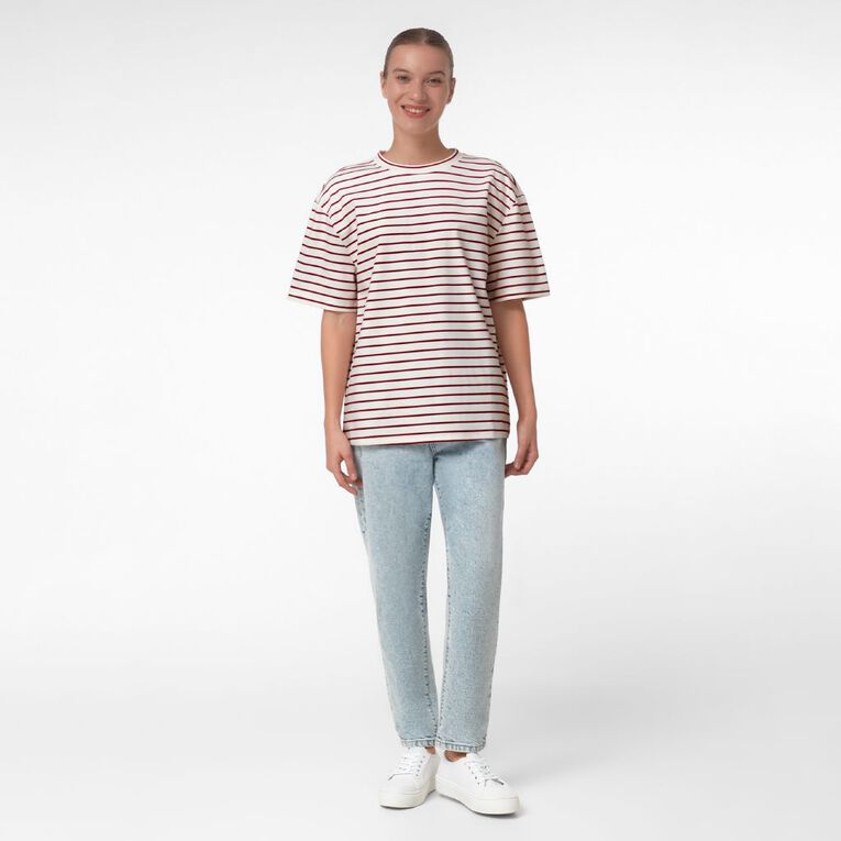 H&H Women's Short Sleeve Boxy Striped Tee, Red/White, hi-res