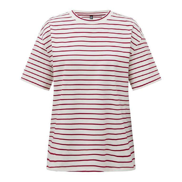 H&H Women's Short Sleeve Boxy Striped Tee, Red/White, hi-res