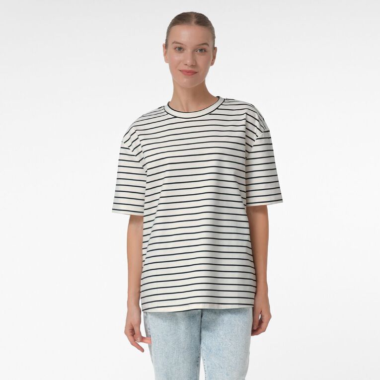 H&H Women's Short Sleeve Boxy Striped Tee, Black/White, hi-res