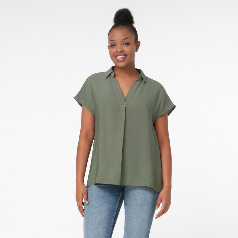 H&H Women's Short Sleeve Collared Blouse, Green Dark, hi-res