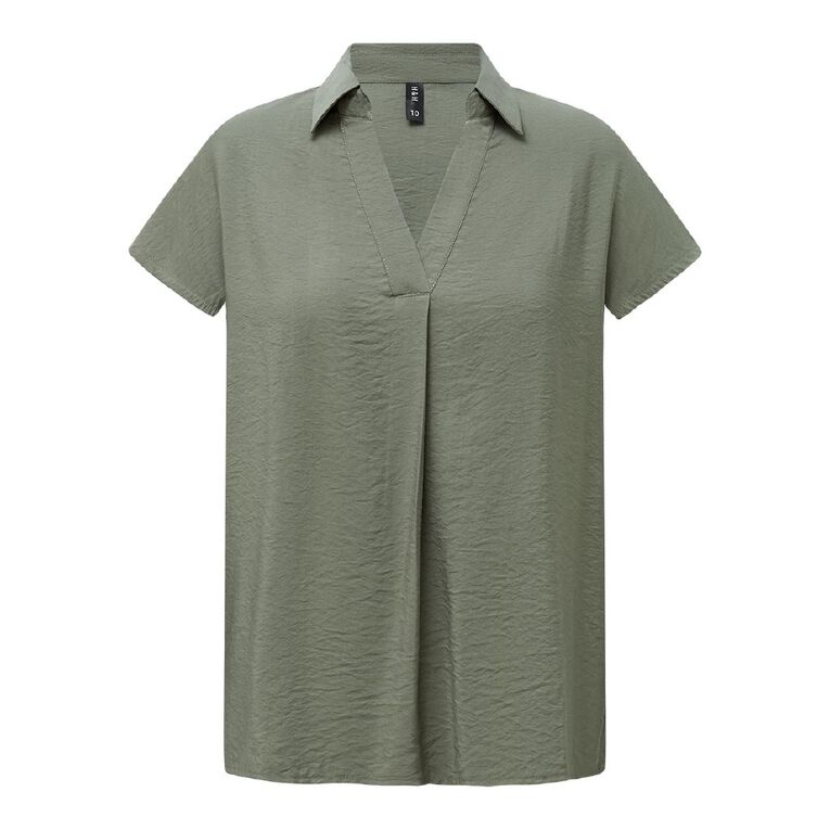 H&H Women's Short Sleeve Collared Blouse, Green Dark, hi-res