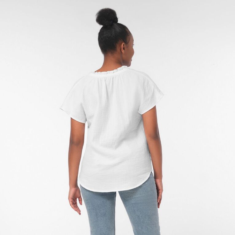 H&H Women's Ruffle Neck Cotton Muslin Top, White, hi-res